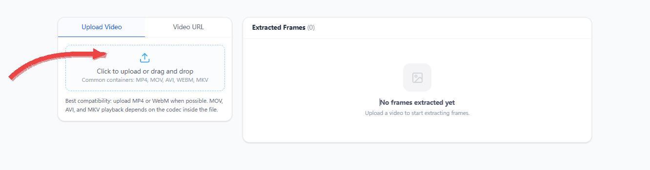 Upload Video panel and extracted frames panel with arrows highlighting the input and results areas
