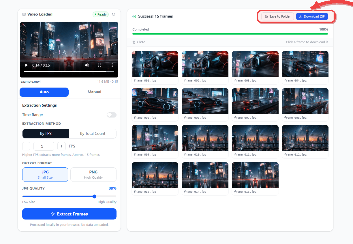 Extracted frames panel with Save to Folder and Download ZIP controls highlighted